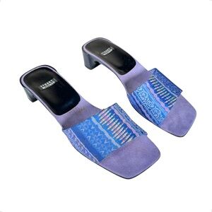 STUART WEITZMAN Vintage Vibrant Woven Cloth Square Toe Kitten Heel Sandals
